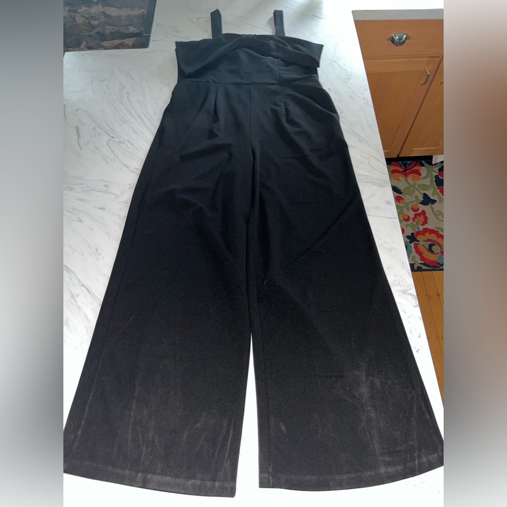 Womens Nina Leonard Wide Leg tank Jumpsuit solid black bow new nwt stretch l